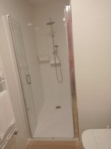 um chuveiro com uma porta de vidro na casa de banho em Casuca Rubia em Bosquemado