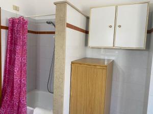 a bathroom with a shower curtain and a cabinet at DodoHouse2 in Amandola