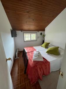 a bedroom with a large bed with red sheets and green pillows at Aloxamento A Mariña in Oia