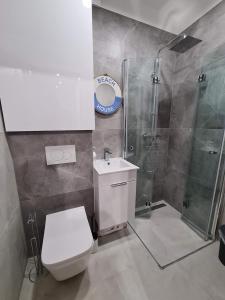 een badkamer met een toilet en een douche bij Apartament Pasaż, 2 Sypialnie i Salon, Centrum in Giżycko
