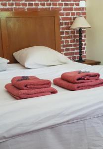 Una cama con toallas rojas encima. en La Maison Verte, en Tulette