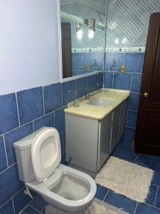 uma casa de banho em azulejos azuis com um WC e um lavatório em HABITACIONES PRIVADAS NOVILLO em Cochabamba