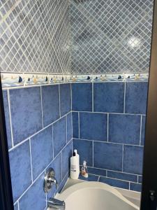 uma casa de banho em azulejos azuis com uma banheira e um lavatório em HABITACIONES PRIVADAS NOVILLO em Cochabamba