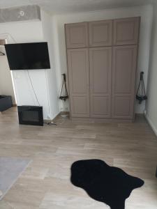 ein Wohnzimmer mit einem schwarzen Teppich auf dem Boden in der Unterkunft Un temps pour soi in Châteauroux