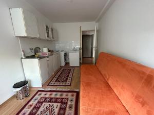 uma sala de estar com um sofá e uma cozinha em Apartman Mina em Sarajevo