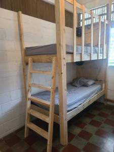 ein Paar Etagenbetten in einem Zimmer mit einer Leiter in der Unterkunft Hammock plantation in El Zonte