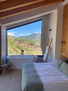 a bedroom with a bed and a tub and a window at Casa Rural Piedra de la Torre in Riópar