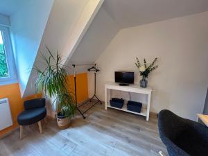 uma sala de estar com televisão e uma mesa com cadeiras em Chambre mont saint Michel em Huisnes-sur-Mer