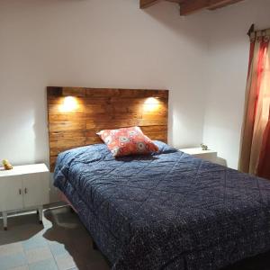 sypialnia z niebieskim łóżkiem z drewnianym zagłówkiem w obiekcie Alojamiento Shanti w mieście Vista Flores