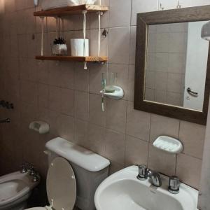 Vista Flores的住宿－Alojamiento Shanti，一间带水槽、卫生间和镜子的浴室