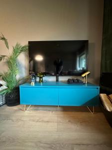 SKI INN/OUT - 4-room apartment w/3 bedroom في Gaustablikk: خزانة زرقاء في غرفة المعيشة مع نبات