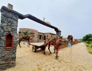 wielbłąd ciągnący wózek przed budynkiem w obiekcie Sariska Kasba A Village Resort w mieście Tehla