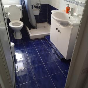 uma casa de banho em azulejos azuis com um WC e um lavatório em Spacious apartment in center of Agia Napa em Agia Napa