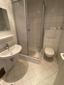 a bathroom with a shower and a toilet and a sink at Studio 50 qm zentral in Domnähe in Cologne