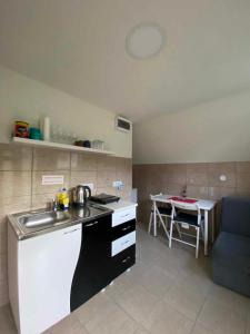 eine kleine Küche mit einem Waschbecken und einem Tisch in der Unterkunft Miličin konak in Vrdnik