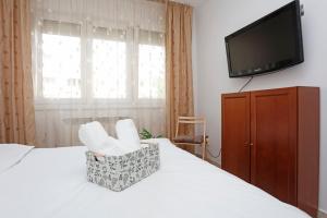 Schlafzimmer mit einem Bett und einem Flachbild-TV in der Unterkunft Calea Victoriei Peaceful Oasis Apartment in Bukarest