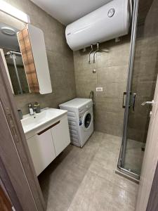 une petite salle de bains avec lave-linge et lave-linge. dans l'établissement Golden Lux Apartments, à Skopje