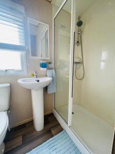 a bathroom with a shower and a sink and a toilet at Summer Breeze-Hoburne Cotswolds in South Cerney