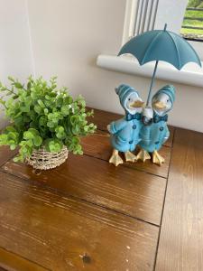 two figurines sitting on a table with an umbrella and a plant at Slieve Gullion Valley View in Camlough