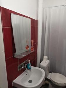 een badkamer met een wastafel, een toilet en een spiegel bij Welcome to Daisy sunny place! in Varna