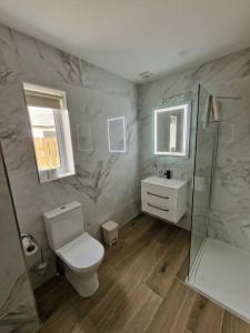 een badkamer met een toilet, een wastafel en een douche bij Buncrana Beach House by Wild Atlantic Wanderer in Buncrana