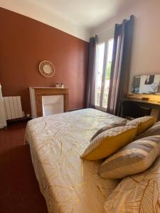 ein Schlafzimmer mit einem Bett mit Kissen und einem Fenster in der Unterkunft BEAU T2 BOMPARD ENDOUME in Marseille
