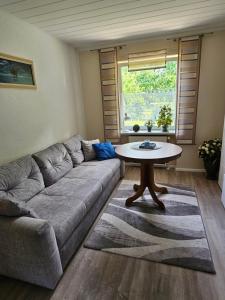 ein Wohnzimmer mit einem Sofa und einem Tisch in der Unterkunft Ferienwohnung 1 Am Park in Divitz