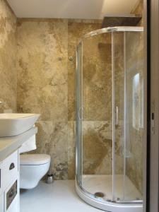 a bathroom with a shower with a toilet and a sink at La Casetta in Tellaro