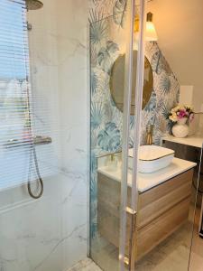 a bathroom with a shower and a sink at Apartament pod Kasztanem in Lębork