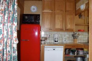 聖皮耶爾德沙爾特勒斯的住宿－Grand chalet vue montagne，旧红色冰箱,厨房配有木制橱柜