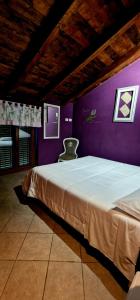 a bedroom with a large bed with a purple wall at Silenzio e Buio in Calizzano