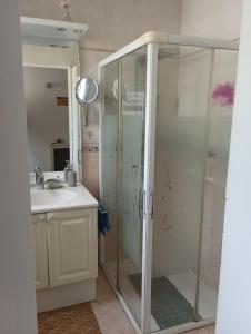 a bathroom with a glass shower and a sink at La rose de Provins in Provins