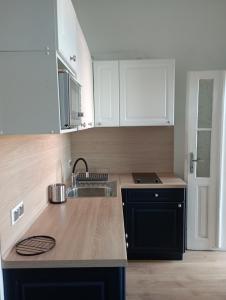 a kitchen with white cabinets and a sink at Błękitne Studio in Żywiec