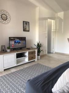 a living room with a flat screen tv on a cabinet at Bel appartement t2 Antibes proche Marineland in Antibes