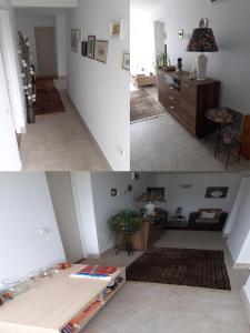 two pictures of a living room with a stairway at Vila Georgeta in Techirghiol