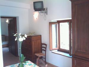 a room with a table and a television and a vase of flowers at Agriturismo Il Poggiolo in Montemerano