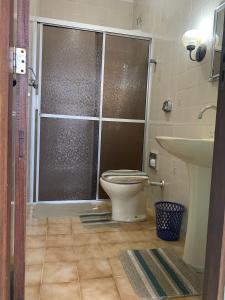 ein Badezimmer mit Dusche, Toilette und Waschbecken in der Unterkunft Ap Família no Estreito in Florianópolis
