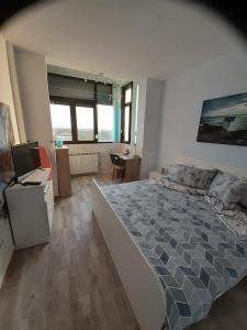 a bedroom with a large bed and a desk at Lake View in Constanţa