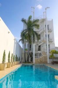 einem Pool vor einem Gebäude mit einer Palme in der Unterkunft Terracaribe Hotel Boutique in Cancún
