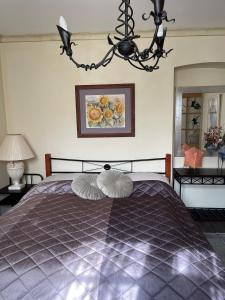 ein Schlafzimmer mit einem Bett mit zwei Kissen darauf in der Unterkunft Buda Hills villa apartment in Budapest