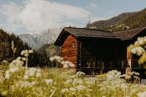 a log cabin in the mountains with a field of flowers at CHALET D'ERT in La Valle