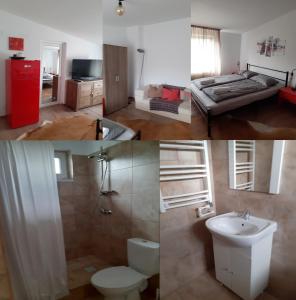 a collage of photos of a bathroom and a bedroom at Vila Georgeta in Techirghiol