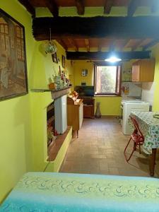 una cucina con pareti gialle, tavolo e camino di La Fontanella a Castagneto Carducci