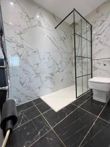 a bathroom with a toilet and a glass shower at Lovely apartment for 2 or 4 people - Bermondsey in London