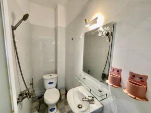胡志明市的住宿－Enjoy Homestay，一间带卫生间、水槽和镜子的浴室
