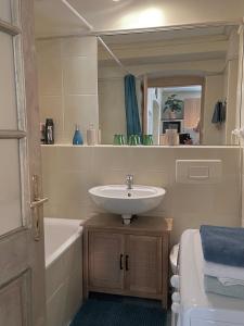 a bathroom with a sink and a bath tub at Buda Hills villa apartment in Budapest