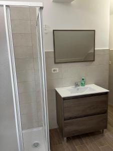 uma casa de banho com um lavatório e um chuveiro com um espelho. em Residenza Miramonti Suite em Castel di Sangro