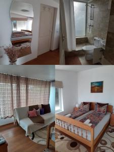 - deux photos d'une chambre et d'un salon dans l'établissement Vila Georgeta, à Techirghiol