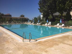 a large swimming pool with chairs and umbrellas at Antalya Manavgat in Manavgat