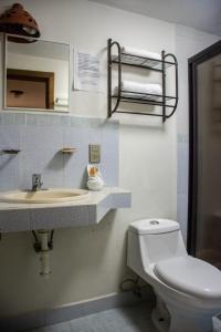 een badkamer met een wastafel, een toilet en een spiegel bij Hotel Real del Carmen - Ideal para familias y parejas in San Cristóbal de Las Casas